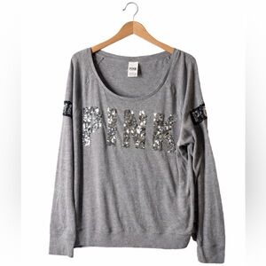 PINK Victoria's Secret Grey Sequin Logo Women's Top. Good Condition. Large